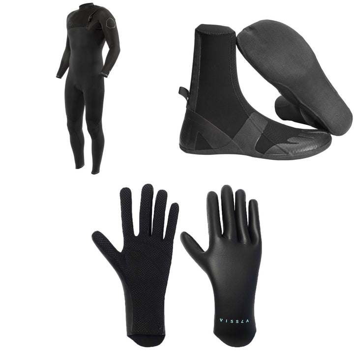 Vissla 4/3 High Seas II No Zip Wetsuit + 3mm High Seas Split Toe Wetsuit Boots + 1.5mm High Seas Wetsuit Gloves