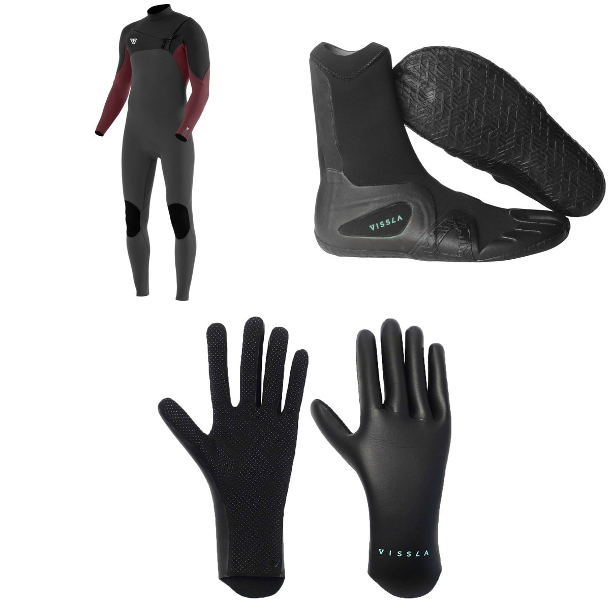 Vissla 7 Seas 4/3 Comp Chest Zip Wetsuit + 3mm 7 Seas Split Toe Wetsuit Boots + 1.5mm High Seas Wetsuit Gloves