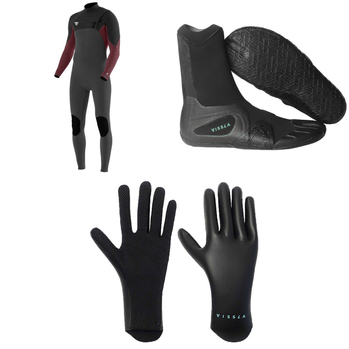 Vissla 7 Seas 4/3 Comp Chest Zip Wetsuit + 3mm 7 Seas Split Toe Wetsuit Boots + 1.5mm High Seas Wetsuit Gloves