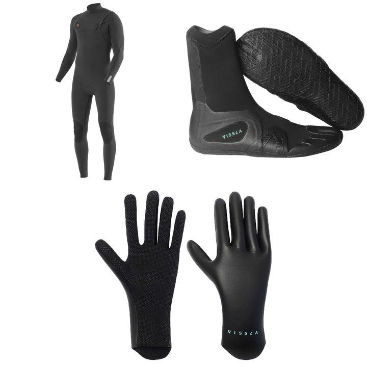 Vissla 7 Seas 4/3 Chest Zip Wetsuit + 7 Seas 3mm Split Toe Wetsuit Boots + 1.5mm High Seas Wetsuit Gloves