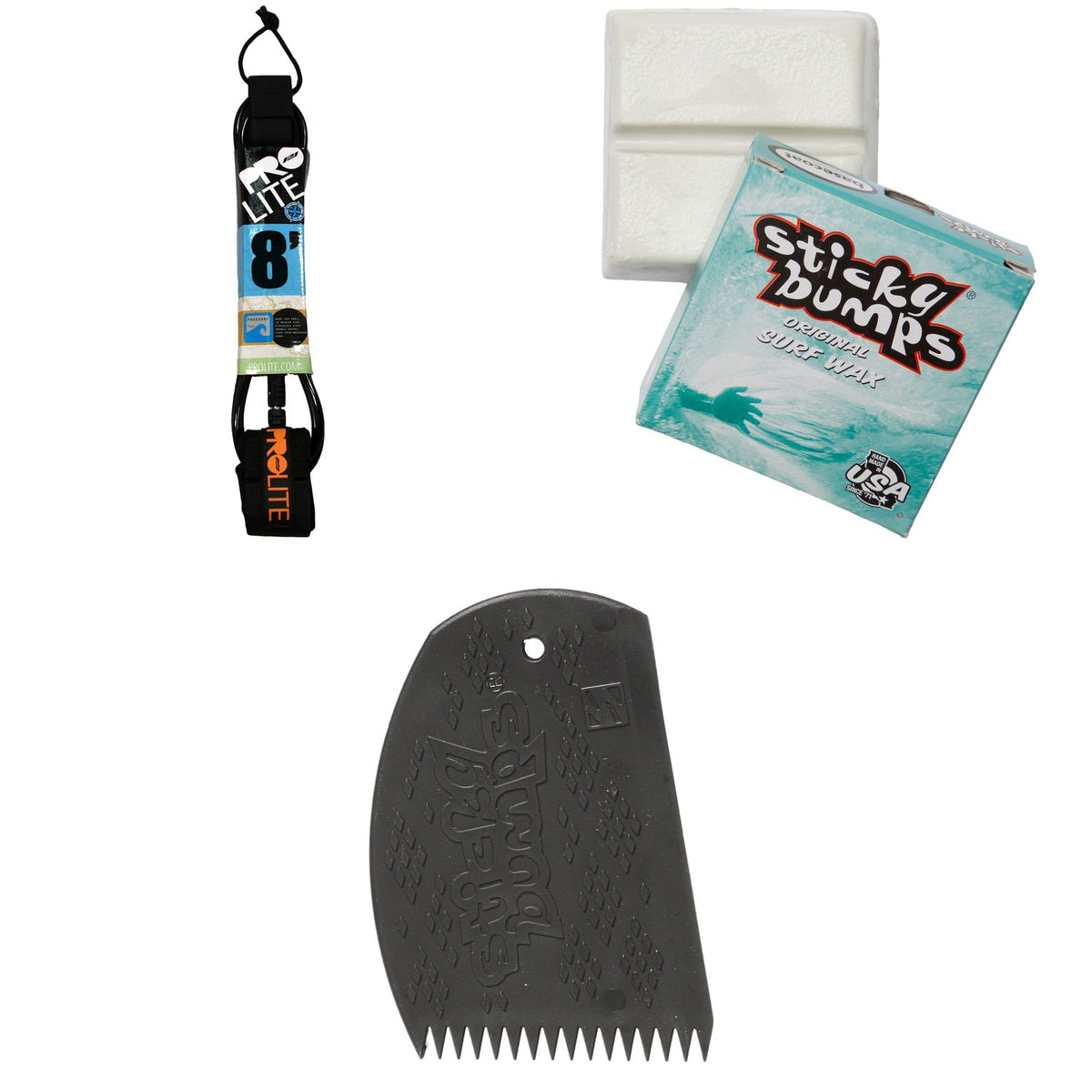 Pro-Lite 8' Freesurf Double Swivel Surfboard Leash + Sticky Bumps Basecoat Wax + Easy Grip Wax Comb