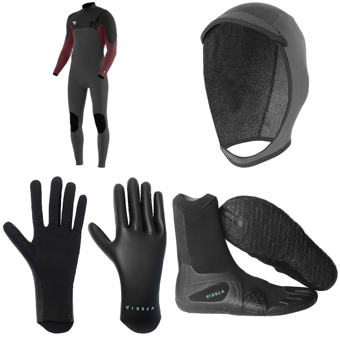 Vissla 7 Seas 4/3 Comp Chest Zip Wetsuit + 3mm 7 Seas Wetsuit Hood + 1.5mm High Seas Wetsuit Gloves + 3mm 7 Seas Split Toe Wetsuit Boots