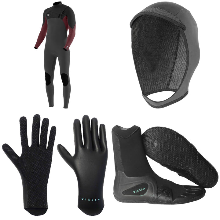 Vissla 7 Seas 4/3 Comp Chest Zip Wetsuit + 3mm 7 Seas Wetsuit Hood + 1.5mm High Seas Wetsuit Gloves + 3mm 7 Seas Split Toe Wetsuit Boots
