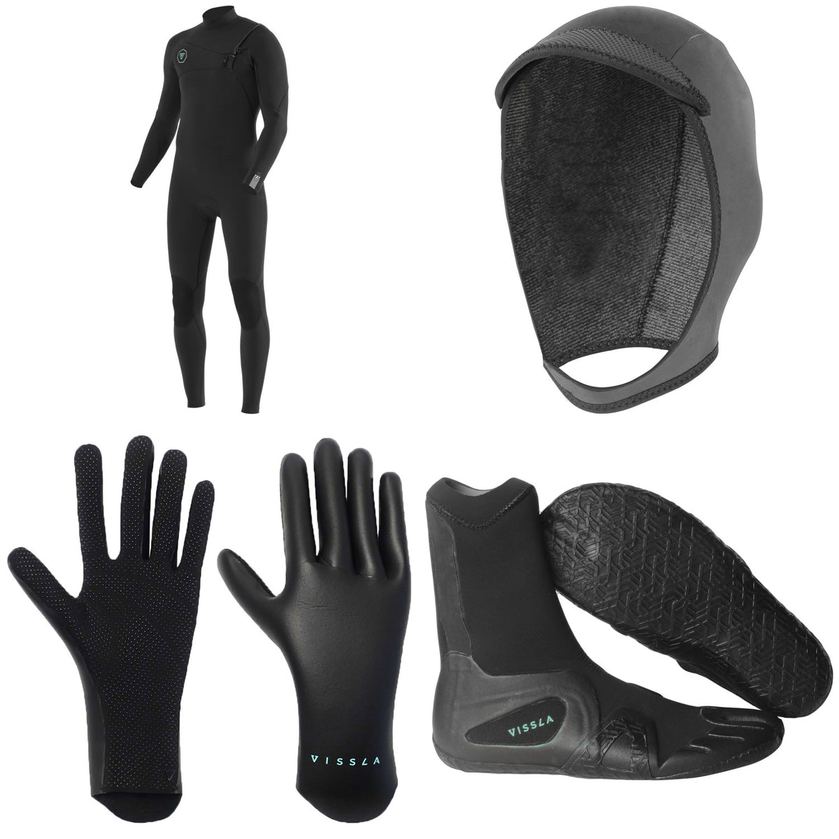 Vissla 7 Seas 4/3 Chest Zip Wetsuit + 3mm 7 Seas Wetsuit Hood + 1.5mm High Seas Wetsuit Gloves + 3mm 7 Seas Split Toe Wetsuit Boots