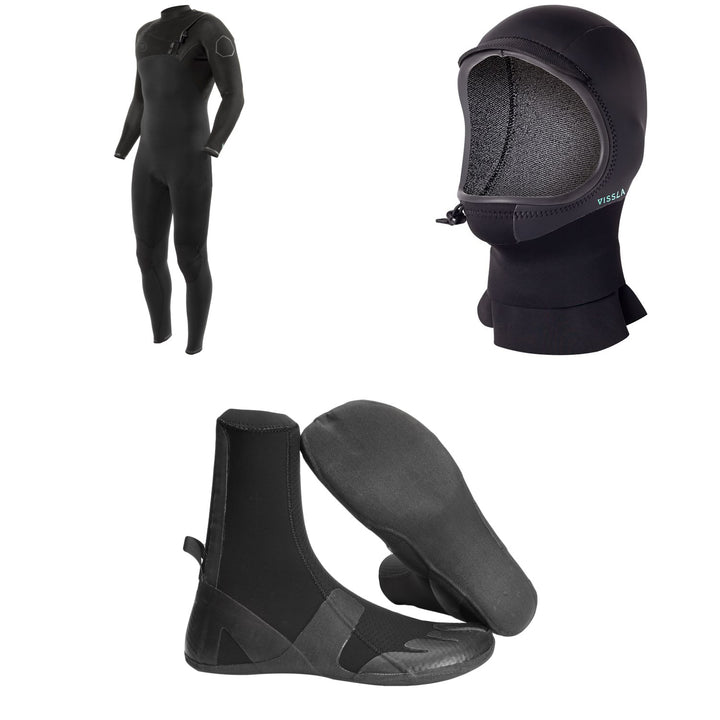 Vissla 4/3 High Seas II Chest Zip Wetsuit + 3mm North Seas Wetsuit Hood + 3mm High Seas Split Toe Wetsuit Boots