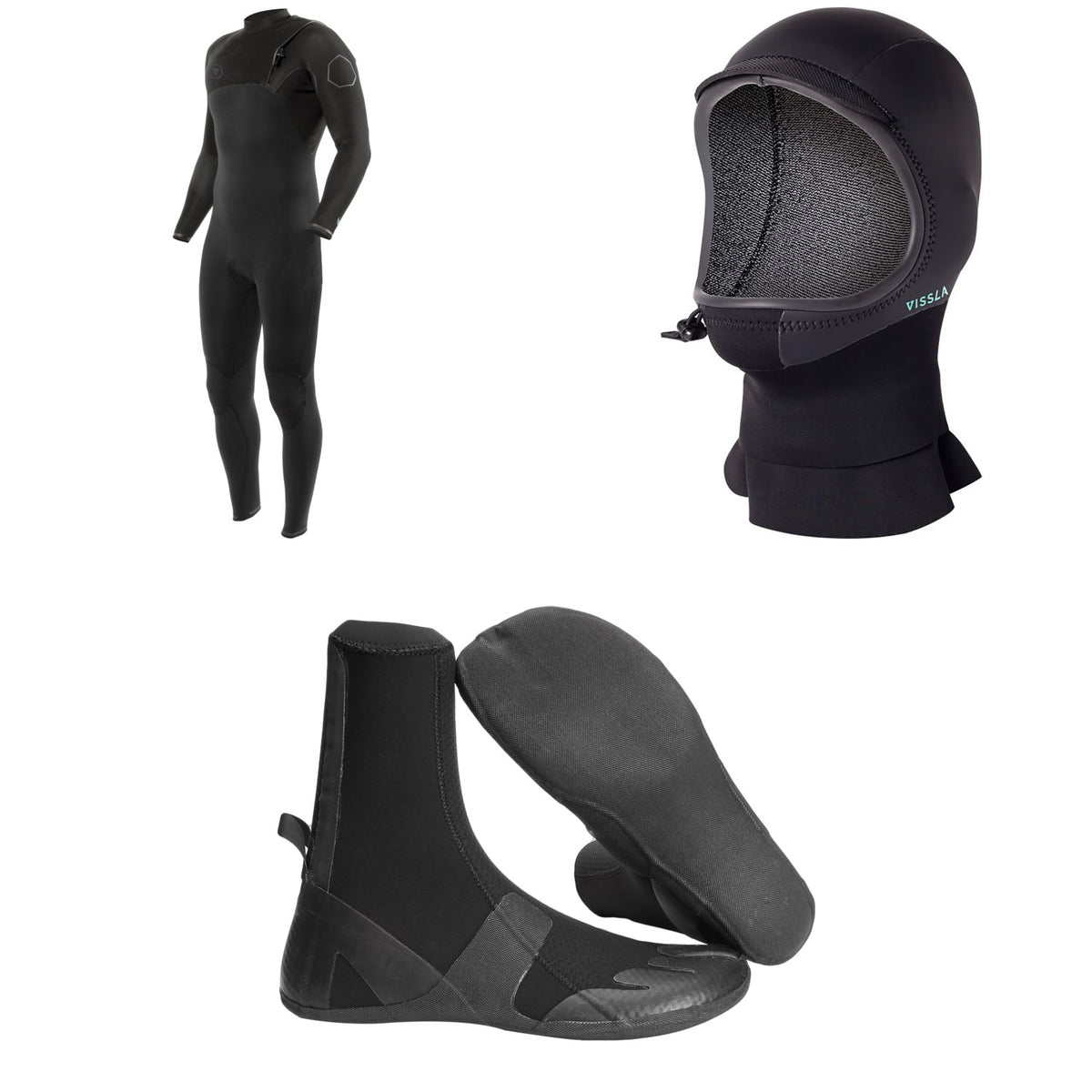 Vissla 4/3 High Seas II No Zip Wetsuit + 3mm North Seas Wetsuit Hood + 3mm High Seas Split Toe Wetsuit Boots