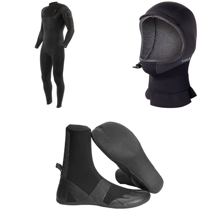 Vissla 4/3 High Seas II No Zip Wetsuit + 3mm North Seas Wetsuit Hood + 3mm High Seas Split Toe Wetsuit Boots