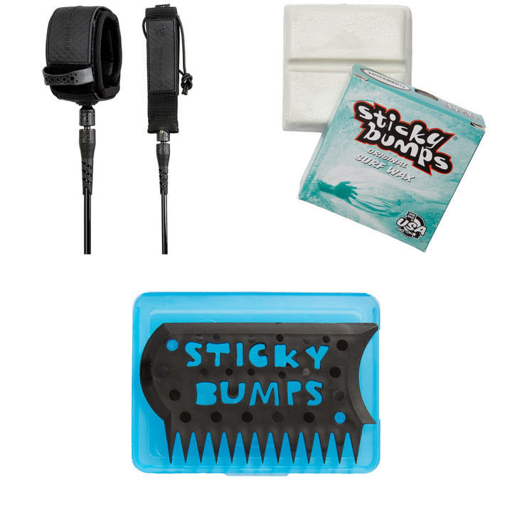 Creatures of Leisure Longboard Ankle 10' Surf Leash + Sticky Bumps Basecoat Wax + Wax Comb & Box