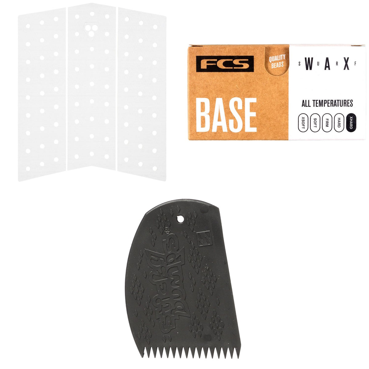 Gorilla Grip Skinny Mid Deck Three Traction Pad + FCS Surf Base Wax + Sticky Bumps Easy Grip Wax Comb