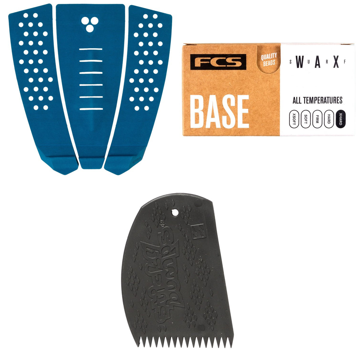 Gorilla Grip Skinny Three Traction Pad + FCS Surf Base Wax + Sticky Bumps Easy Grip Wax Comb
