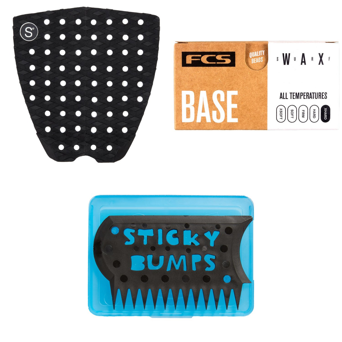 Sympl Supply Co Nº1 Traction Pad + FCS Surf Base Wax + Sticky Bumps Wax Comb & Box