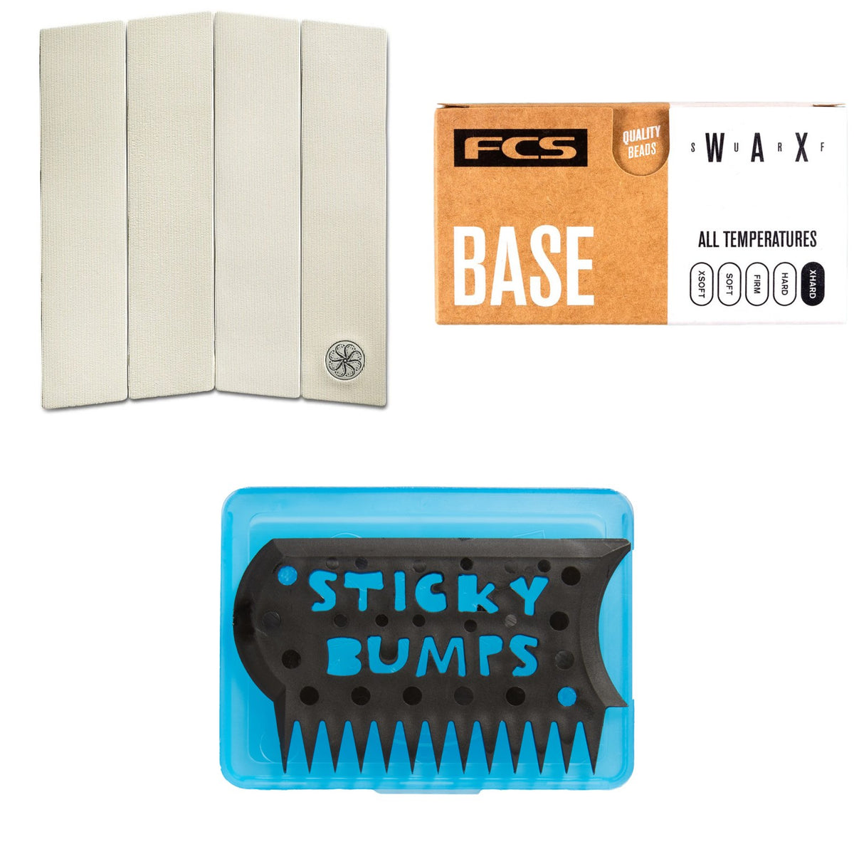 Octopus Front Deck Corduroy 4-Piece Traction Pad + FCS Surf Base Wax + Sticky Bumps Wax Comb & Box