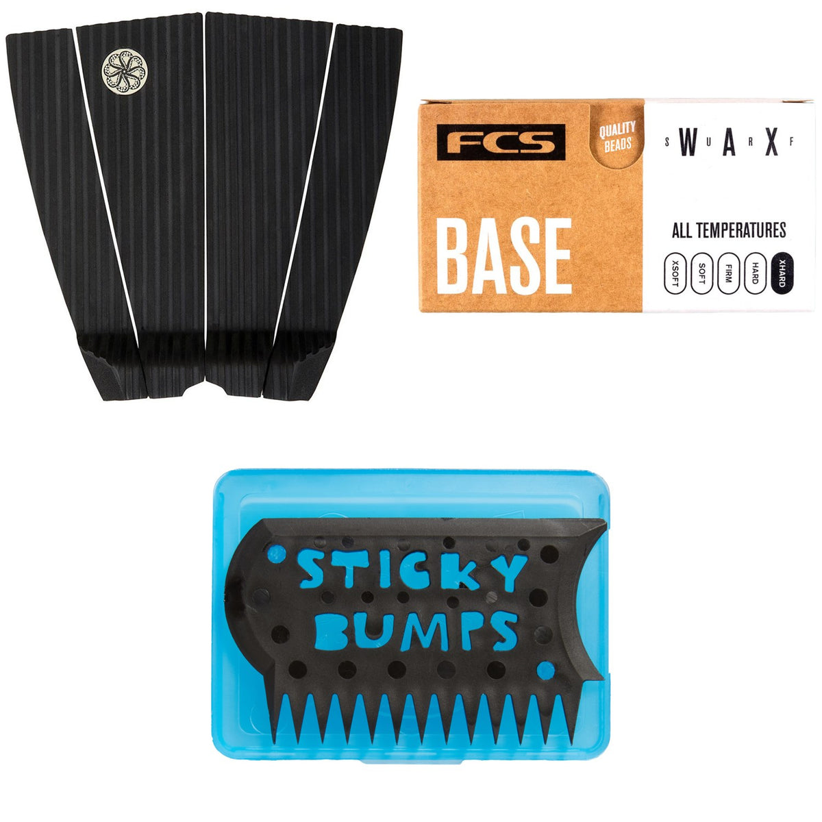 Octopus Mikey February 4-Piece Traction Pad + FCS Surf Base Wax + Sticky Bumps Wax Comb & Box