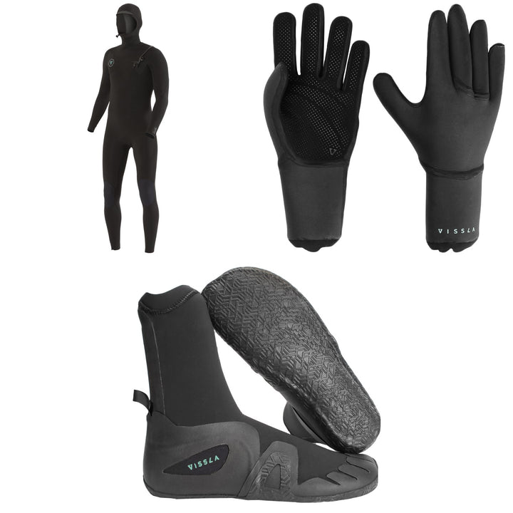 Vissla 7 Seas 5/4 Chest Zip Hooded Wetsuit + 3mm 7 Seas Wetsuit Gloves + 5mm 7 Seas Round Toe Wetsuit Boots