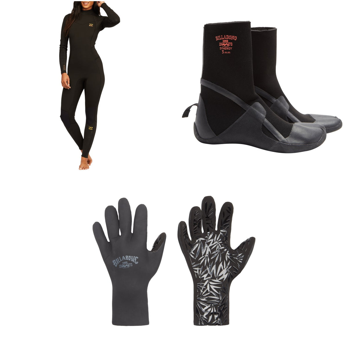 Billabong 4/3 Synergy Back Zip GBS Wetsuit + 3mm Synergy HS Wetsuit Boots + 2mm Synergy Wetsuit Gloves - Women's