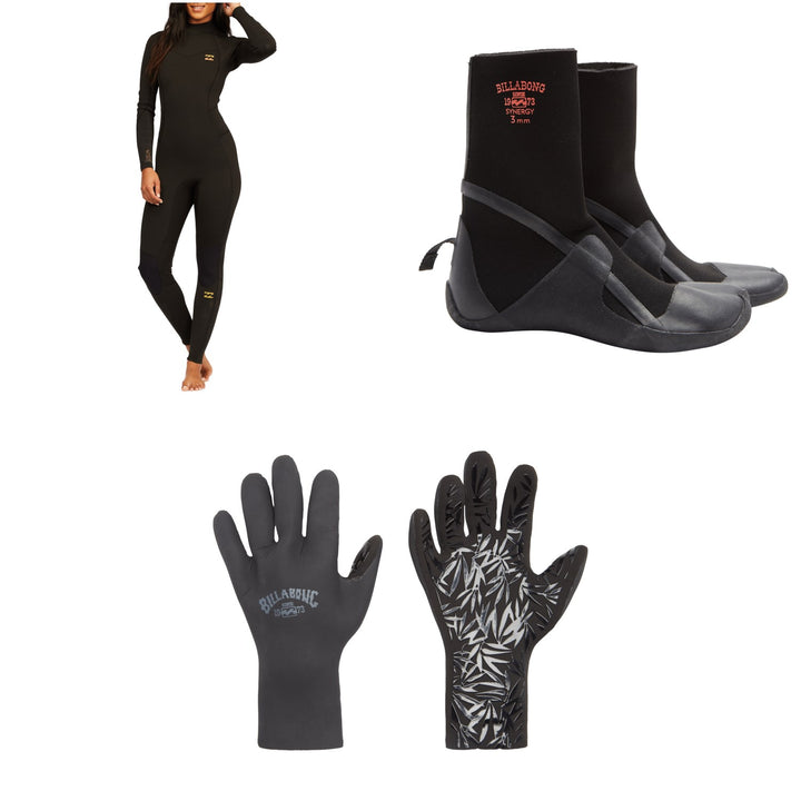 Billabong 4/3 Synergy Back Zip GBS Wetsuit + 3mm Synergy HS Wetsuit Boots + 2mm Synergy Wetsuit Gloves - Women's