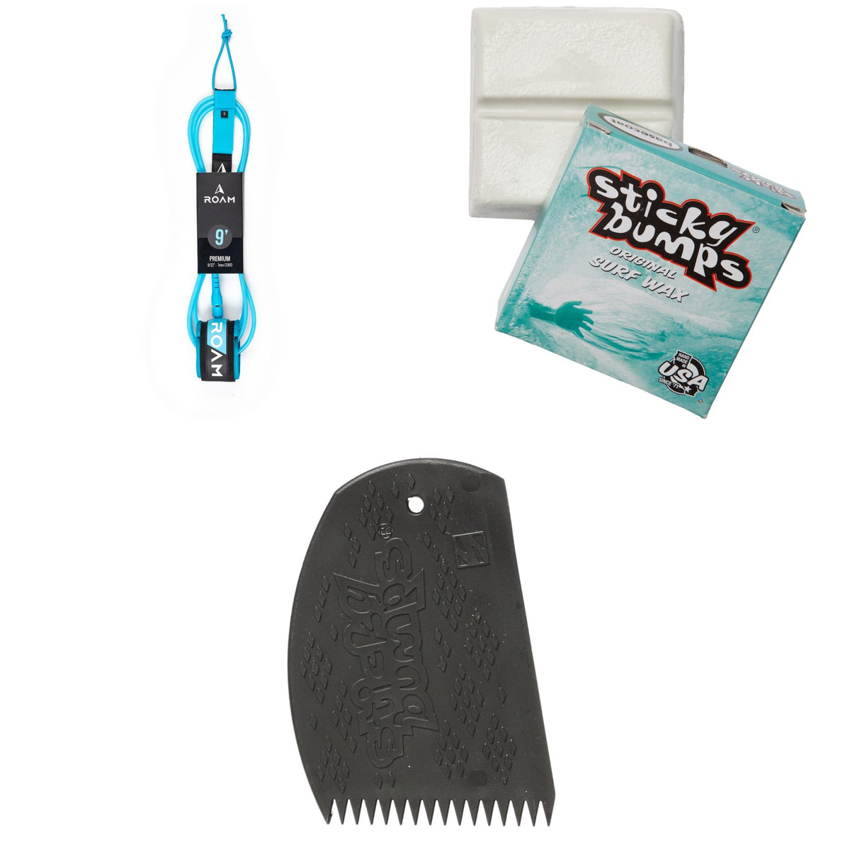 Roam Premium 9' Leash + Sticky Bumps Basecoat Wax + Easy Grip Wax Comb