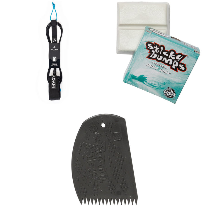 Roam Premium 9' Calf Leash + Sticky Bumps Basecoat Wax + Bumps Easy Grip Wax Comb