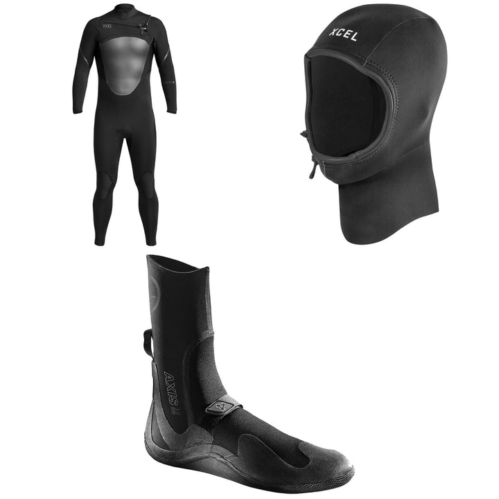 XCEL 4/3 Axis X Wetsuit + 2mm Axis Wetsuit Hood + 3mm Axis Round Toe Wetsuit Boots