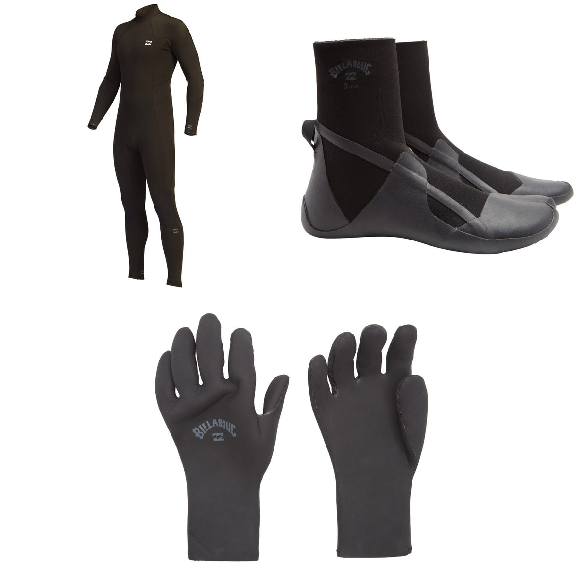 Billabong 4/3 Absolute Back Zip GBS Wetsuit + 3mm Absolute Split Toe Wetsuit Boots + 2mm Absolute 5 Finger Wetsuit Gloves