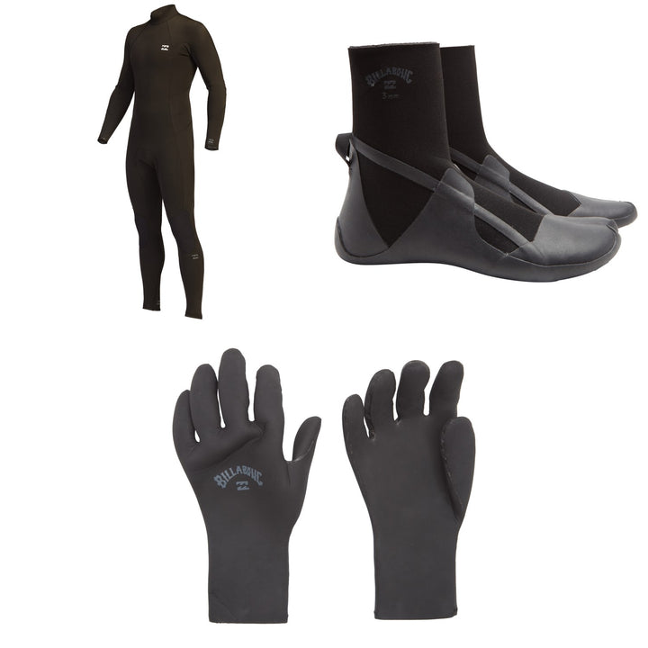 Billabong 4/3 Absolute Back Zip GBS Wetsuit + 3mm Absolute Split Toe Wetsuit Boots + 2mm Absolute 5 Finger Wetsuit Gloves