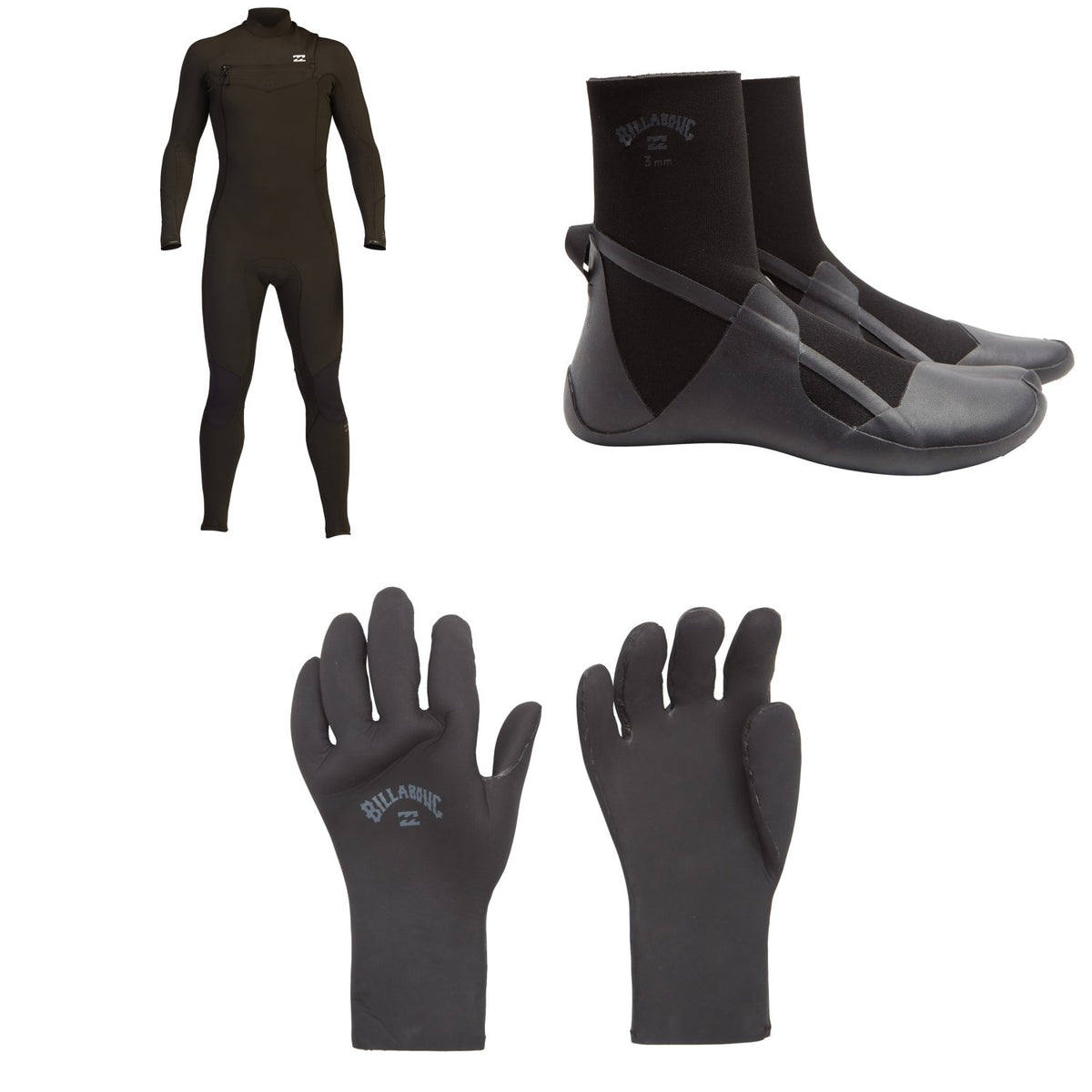 Billabong 4/3 Absolute Chest Zip GBS Wetsuit + 3mm Absolute Split Toe Wetsuit Boots + 2mm Absolute 5 Finger Wetsuit Gloves