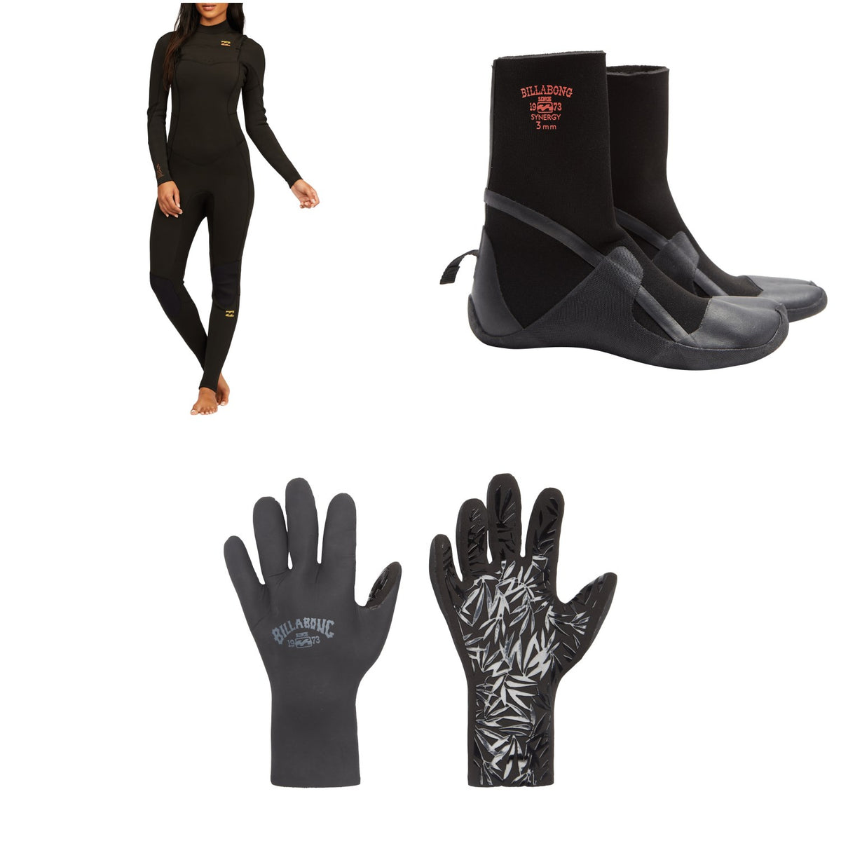 Billabong 4/3 Synergy Chest Zip Wetsuit + 3mm Synergy HS Wetsuit Boots + 2mm Synergy Wetsuit Gloves - Women's
