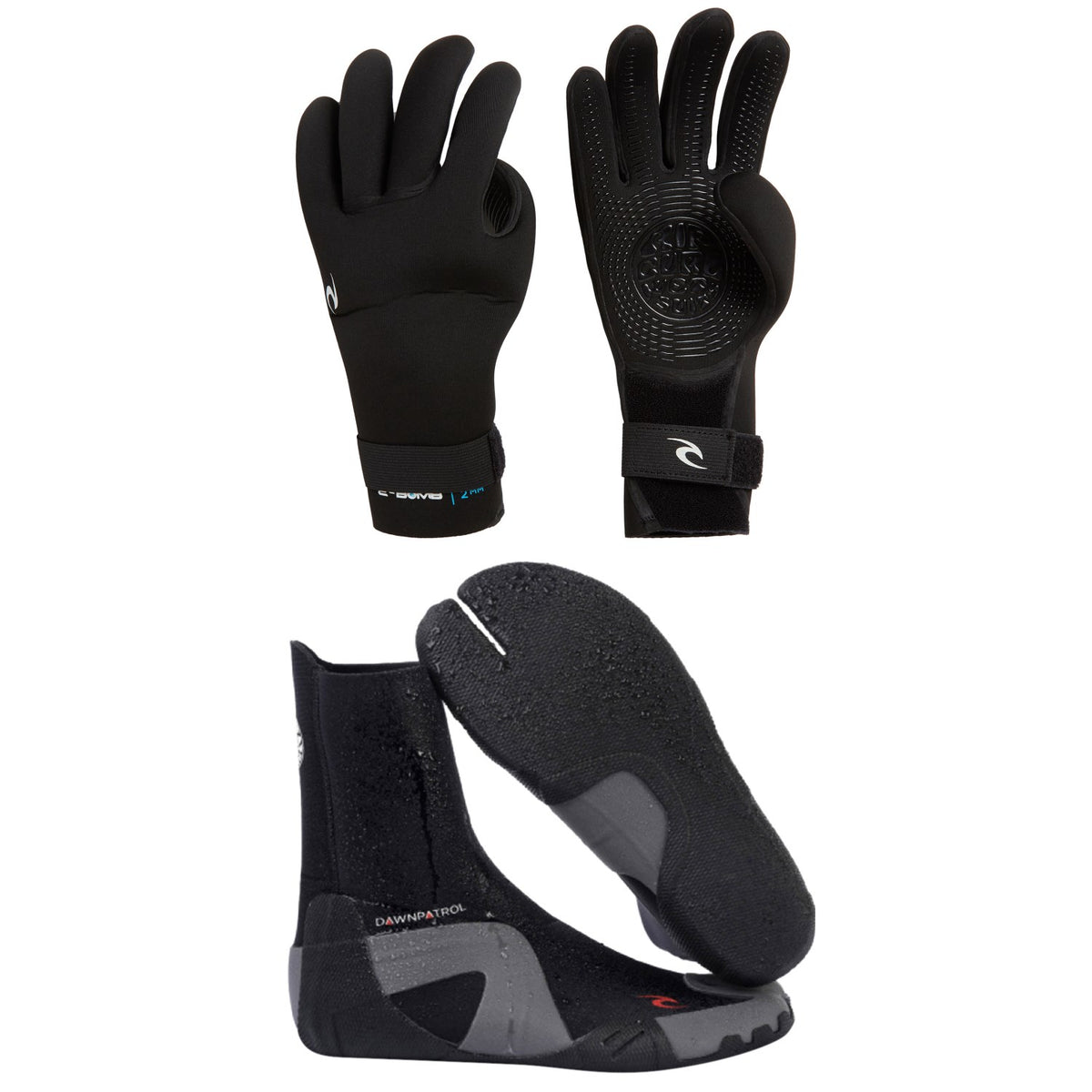 Rip Curl 2mm E-Bomb Stitchless Wetsuit Gloves + 3mm Dawn Patrol Split Toe Boots