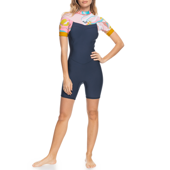 Roxy 2/2 Syncro Short Sleeve Back Zip Springsuit - Women's Jet Gry/Coral Flme/Temple Gold