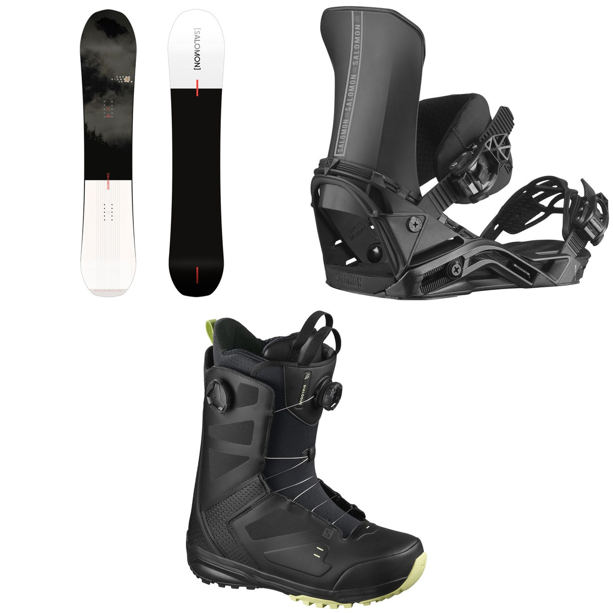 Salomon Super 8 Snowboard + District Snowboard Bindings + Dialogue Focus Boa Snowboard Boots 2021