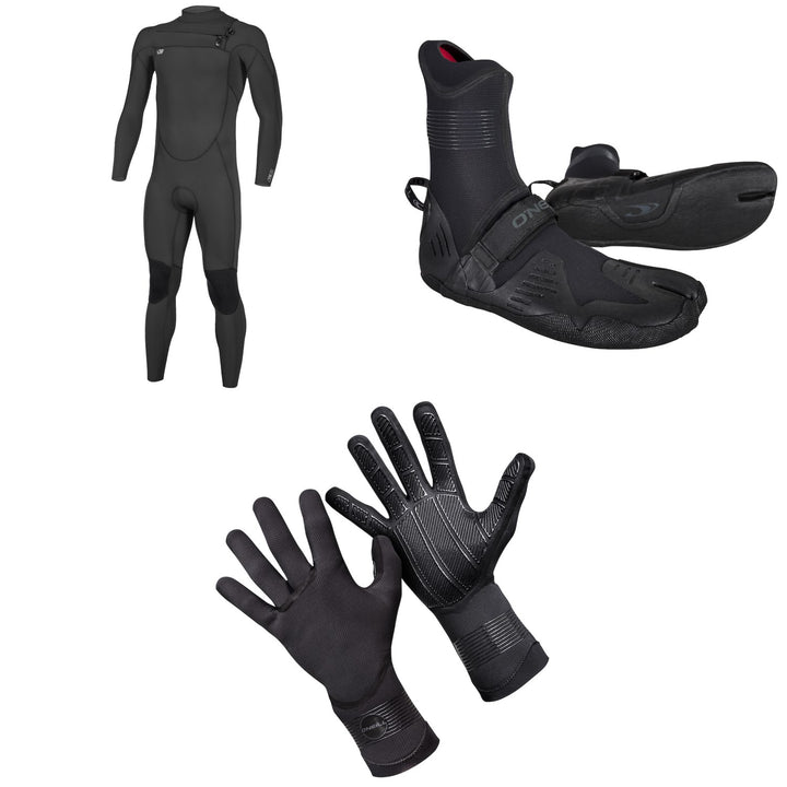O'Neill 4/3 Ninja Chest Zip Wetsuit + 3/2 Psycho Tech Split Toe Wetsuit Boots + 1.5mm Psycho Tech Gloves
