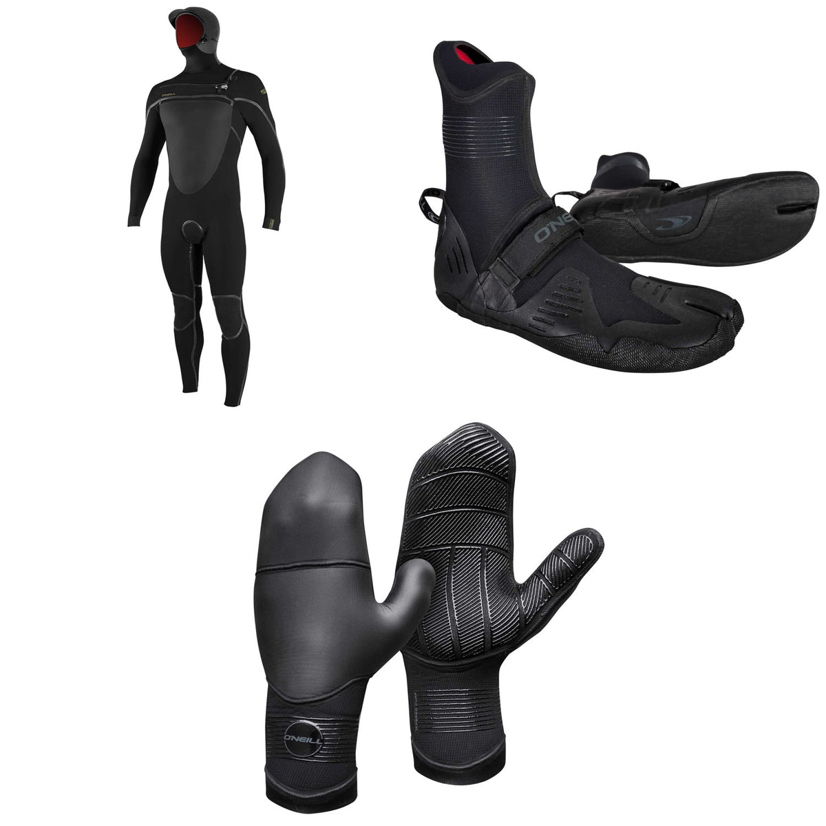 O'Neill 5.5/4+ Psycho Tech Chest Zip Hooded Wetsuit + 5mm Psycho Tech ST Wetsuit Boots + 5mm Psycho Tech Mittens