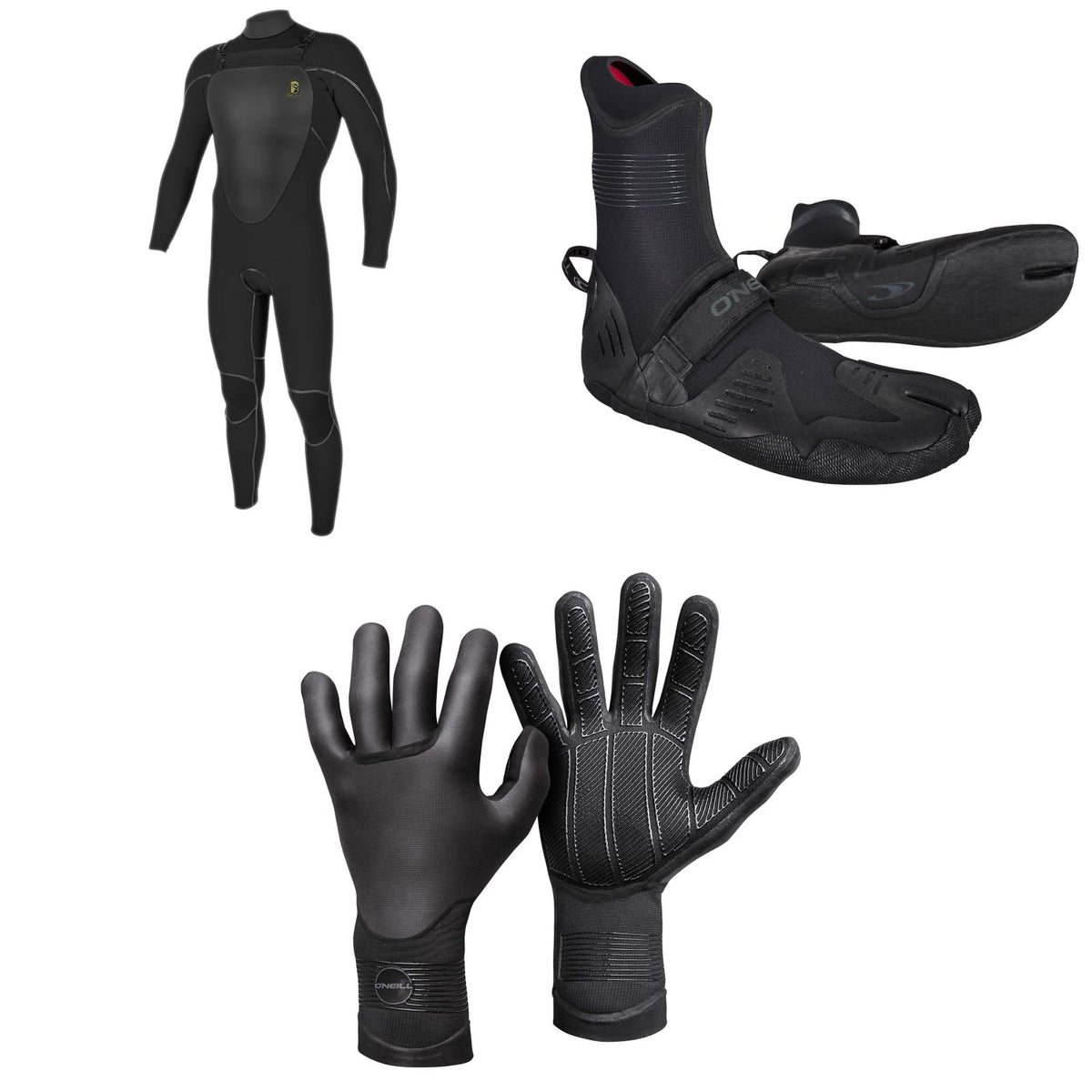 O'Neill 4.5/3.5 Mutant Legend Chest Zip Hooded Wetsuit + 3/2 Psycho Tech Split Toe Wetsuit Boots + 3mm Psycho Tech Gloves