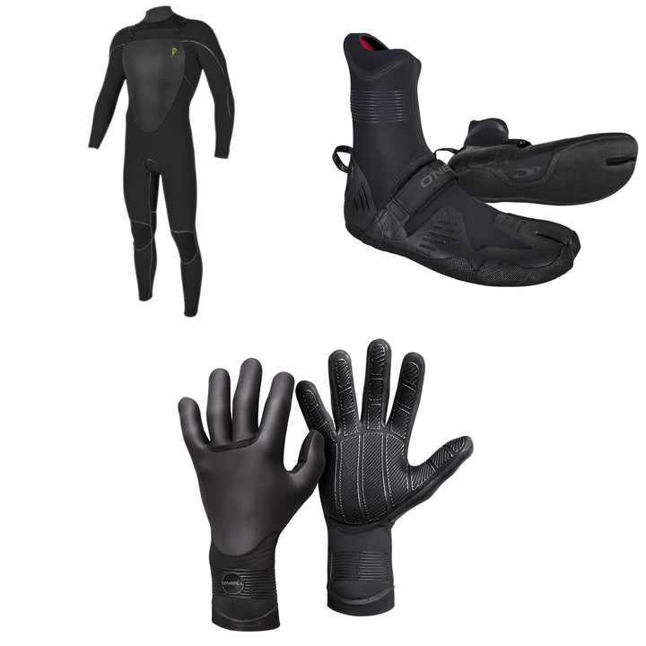 O'Neill 4.5/3.5 Mutant Legend Chest Zip Hooded Wetsuit + 3/2 Psycho Tech Split Toe Wetsuit Boots + 3mm Psycho Tech Gloves