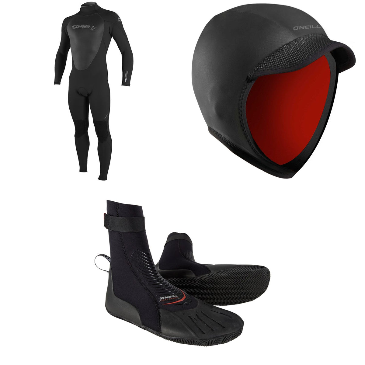 O'Neill 4/3 Epic Back Zip Wetsuit + 3mm Squid Lid Wetsuit Hood + 3mm Heat RT Wetsuit Boots