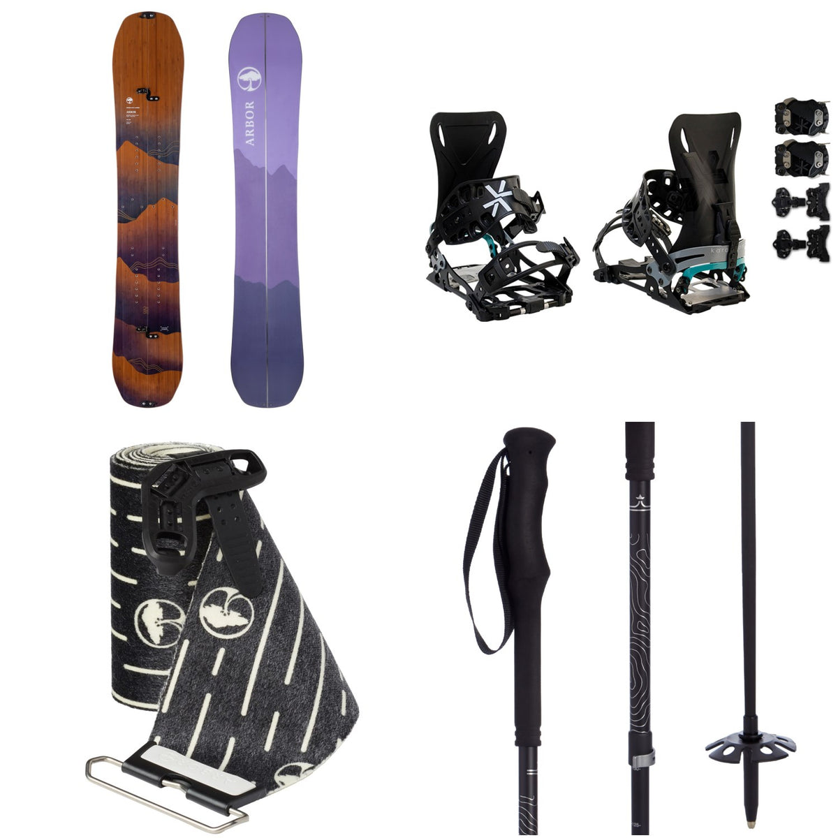 Arbor Swoon Rocker Splitboard + Karakoram PRIME NOMAD W + Split Interface Splitboard Bindings + Arbor Angusta Swoon Splitboard Skins + evo Uproar Collapsible Ski Poles - Women's 2022