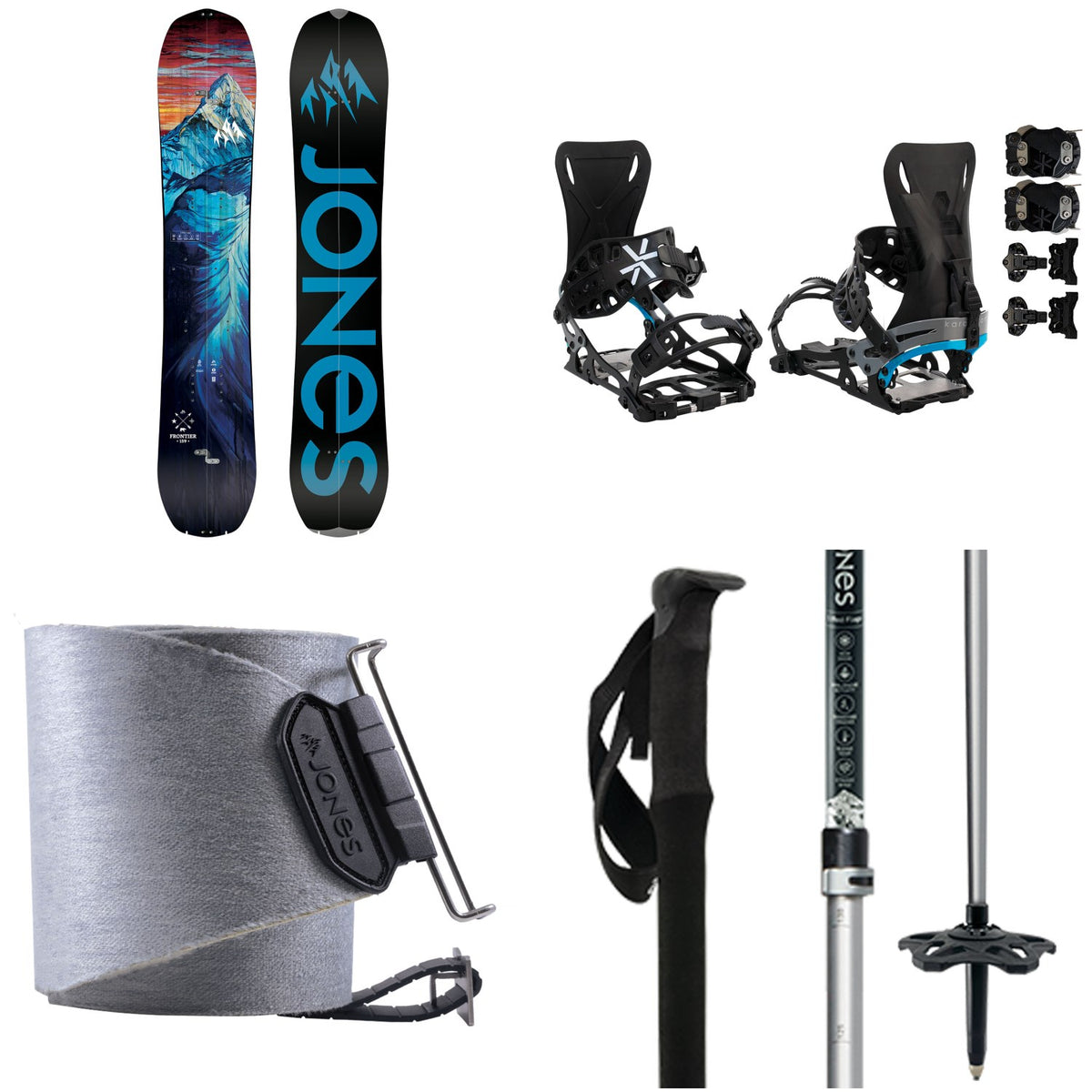 Jones Frontier Splitboard + Karakoram PRIME NOMAD + Split Interface Splitboard Bindings + Jones Nomad Pro Quick Tension Tail Clip Splitboard Skins + Jones Talon Splitboard Poles 2022