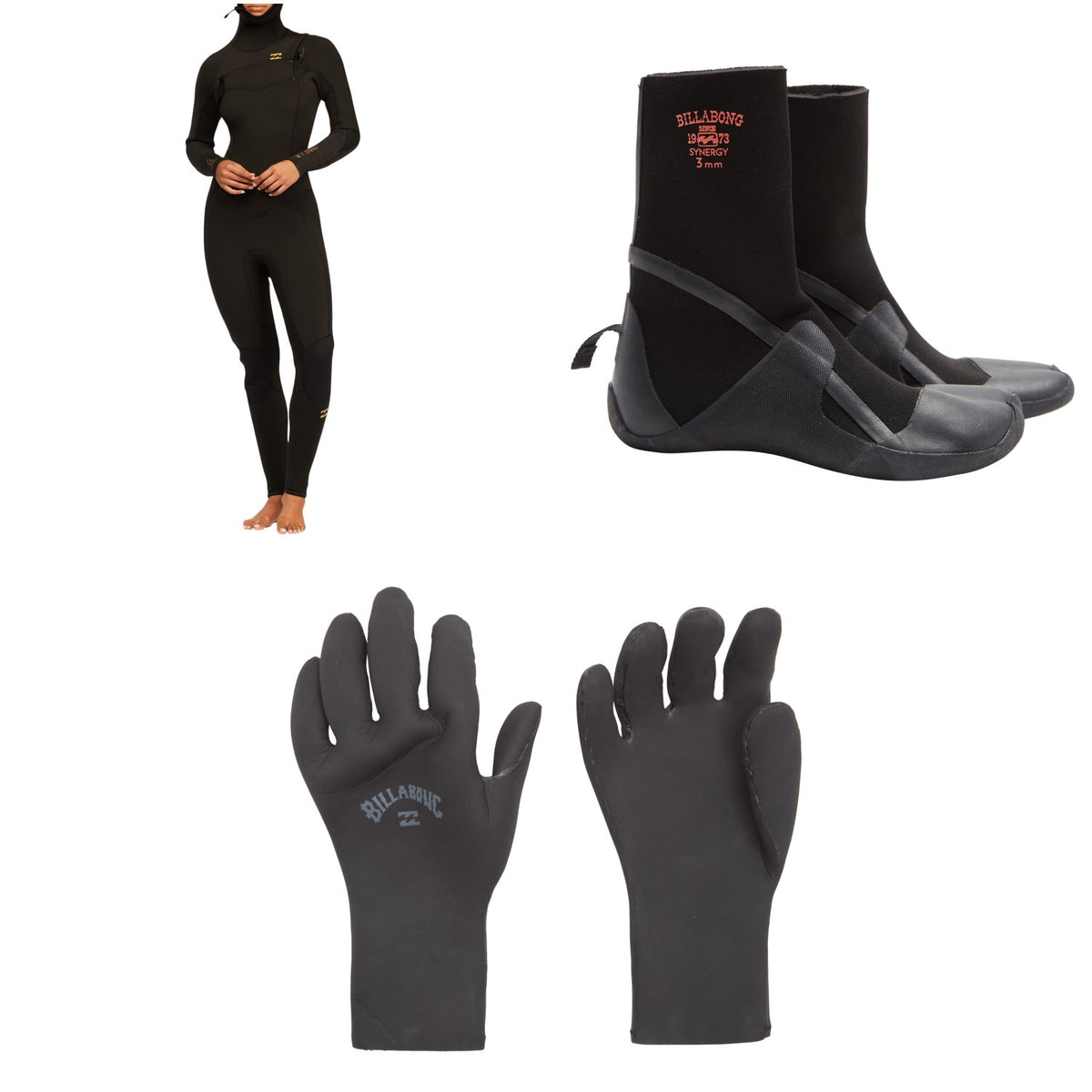 Billabong 5/4 Synergy Chest Zip Hooded Wetsuit - Women's + 5mm Furnace Synergy Split Toe Wetsuit Boots - Women's + 5mm Absolute 5 Finger Wetsuit Gloves