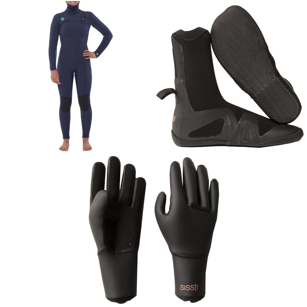 Sisstrevolution 5/4 Hooded Chest Zip Wetsuit + 5mm Round Toe Wetsuit Boots + 3mm Wetsuit Gloves - Women's