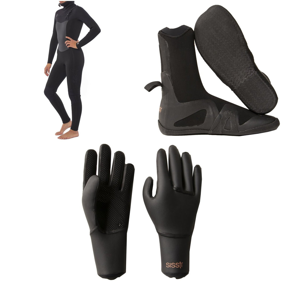 Sisstrevolution 5/4 7 Seas Hooded Chest Zip Wetsuit + 5mm Round Toe Wetsuit Boots + 3mm Wetsuit Gloves - Women's