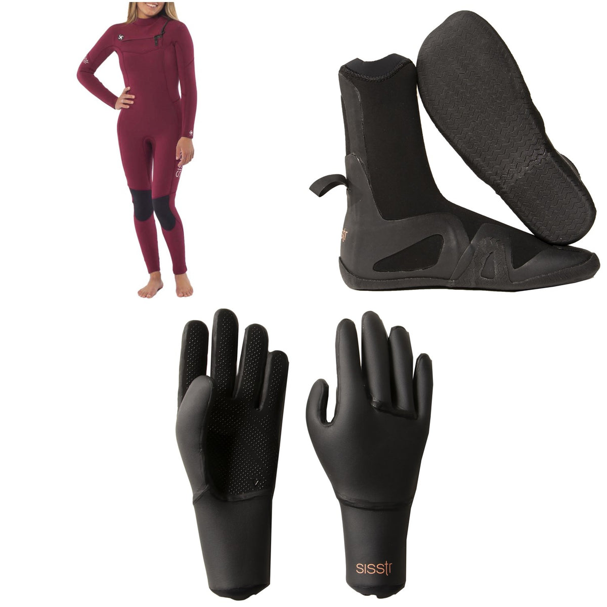 Sisstrevolution 5/4 7 Seas Chest Zip Wetsuit + 5mm Round Toe Wetsuit Boots + 3mm Wetsuit Gloves - Women's