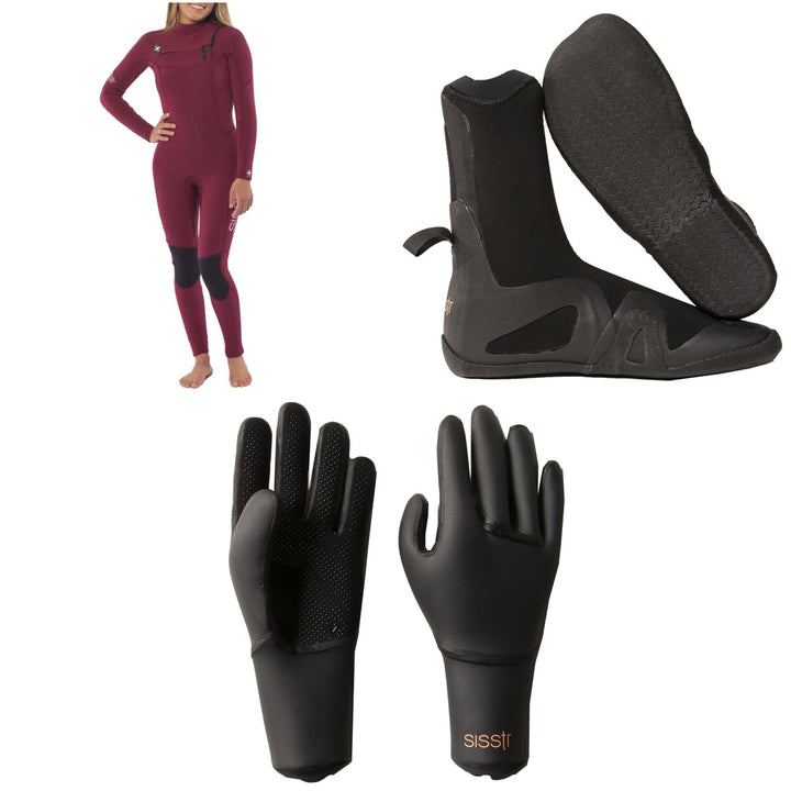 Sisstrevolution 5/4 7 Seas Chest Zip Wetsuit + 5mm Round Toe Wetsuit Boots + 3mm Wetsuit Gloves - Women's
