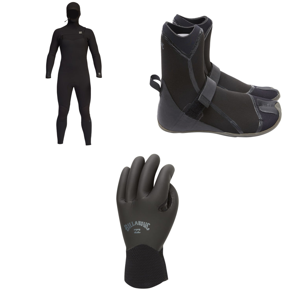 Billabong 4/3 Furnace Comp Chest Zip Hooded Wetsuit + 3mm Furnace Hidden Split Wetsuit Boots + 3mm Furnace Wetsuit Gloves