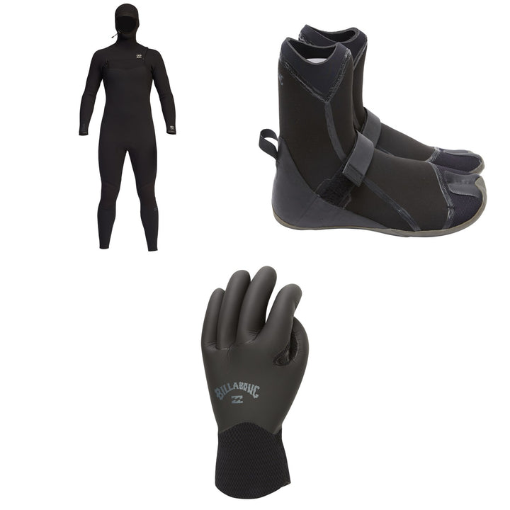 Billabong 4/3 Furnace Comp Chest Zip Hooded Wetsuit + 3mm Furnace Hidden Split Wetsuit Boots + 3mm Furnace Wetsuit Gloves