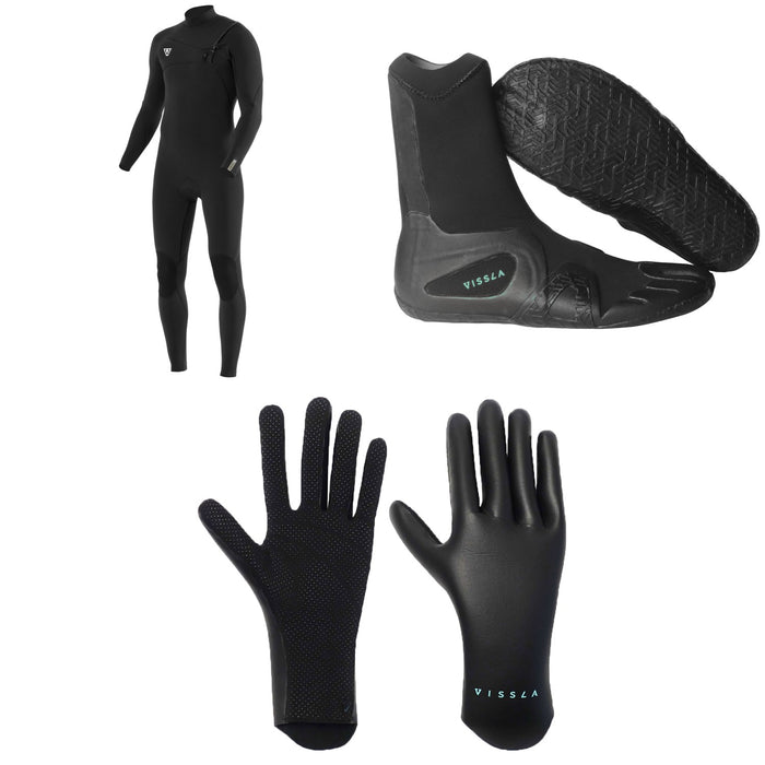 Vissla 7 Seas 4/3 Comp Chest Zip Wetsuit + 3mm 7 Seas Split Toe Wetsuit Boots + 1.5mm High Seas Wetsuit Gloves