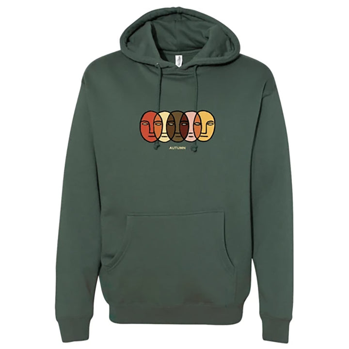 Autumn Faces Pullover Hoodie - Unisex Forest Green