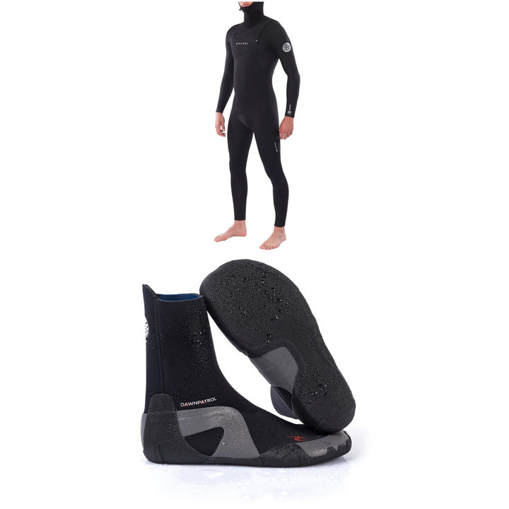 Rip Curl 5/4 Dawn Patrol Chest Zip Hooded Wetsuit + 5mm Dawn Patrol Round Toe Boots