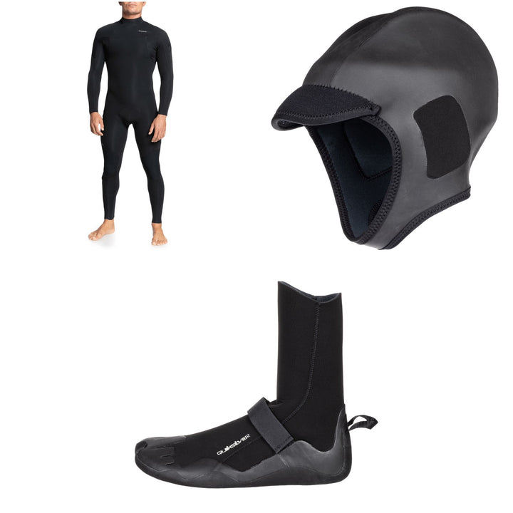 Quiksilver 4/3 Everyday Sessions Back Zip GBS Wetsuit + 2mm M-Sessions Surf Wetsuit Cap + 3mm Everyday Sessions Round Toe Wetsuit Boots