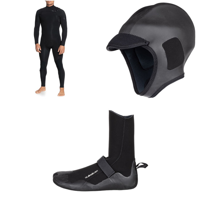 Quiksilver 4/3 Everyday Sessions Chest Zip GBS Wetsuit + 2mm M-Sessions Surf Wetsuit Cap + 3mm Everyday Sessions Round Toe Wetsuit Boots