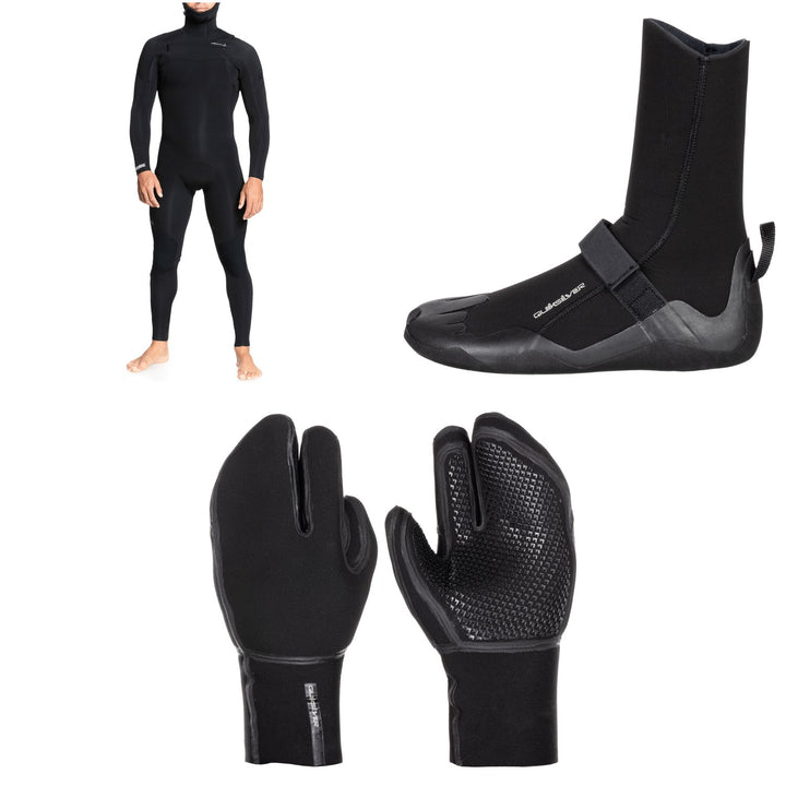 Quiksilver 5/4/3 Everyday Sessions Chest Zip Hooded Wetsuit + 5mm Everyday Sessions Round Toe Wetsuit Boots + 5mm Marathon Sessions 3 Finger Wetsuit Mittens